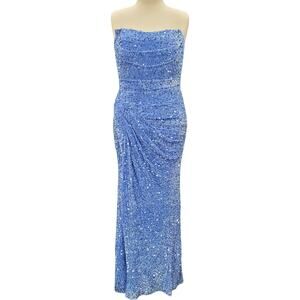 NWT Icy Blue Strapless Sequin Evening Gown with Corset Back on Velvet Fabric